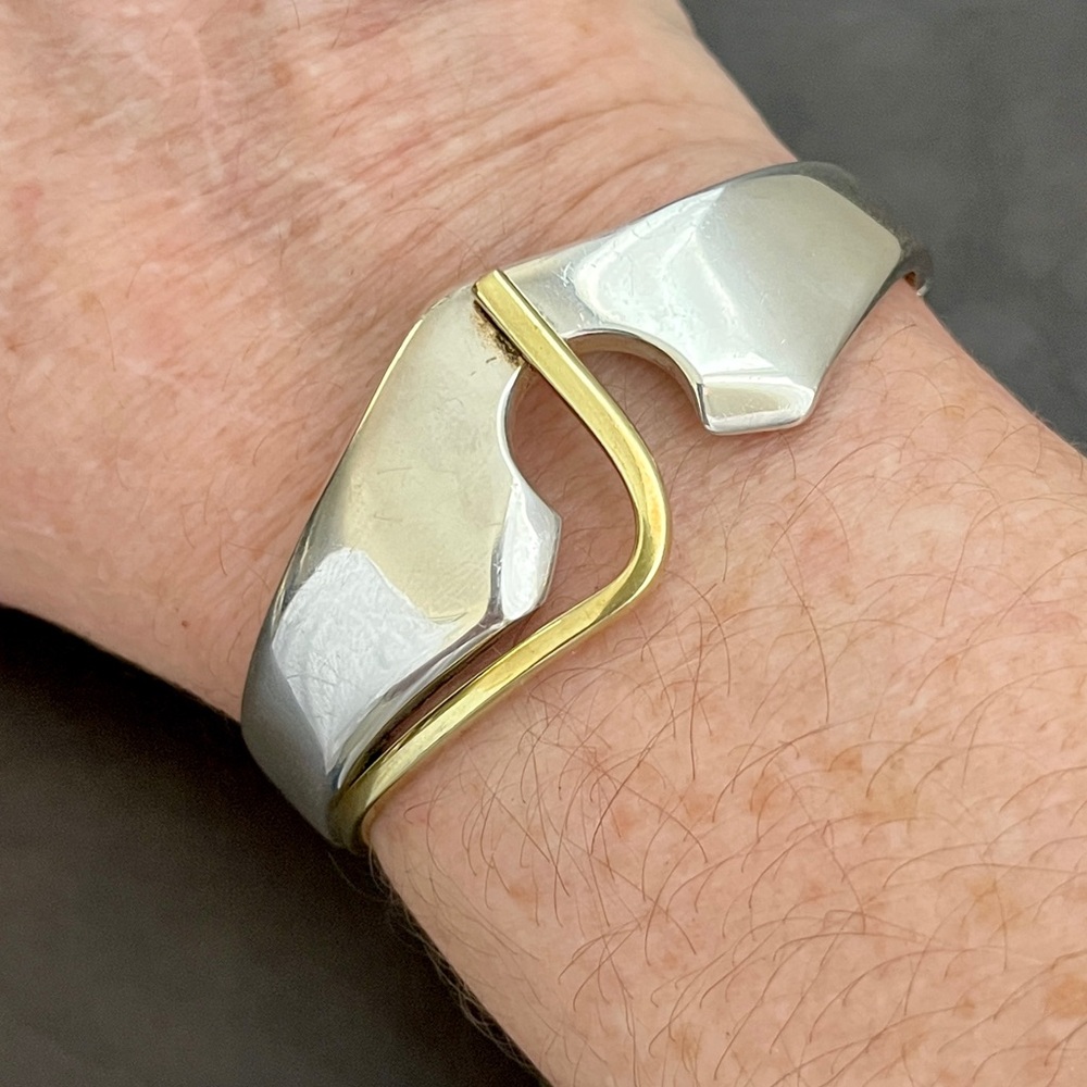 🔴SALE🔴 Vintage Mexican sterling Heavy double hinged bangle bracelet with brass - Picture 4 of 12